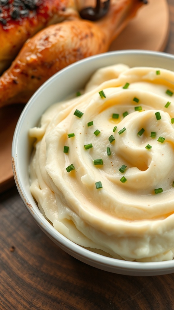 Creamy mashed potatoes in a bowl, garnished with chives, next to a roast chicken on a wooden table.